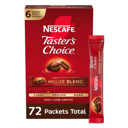 NESCAFÉ , Instant Coffee Packets, Light Medium Roast Coffee, House Blend, 12 Boxes (72 Packets) | Light-Medium Roast House Blend Instant Coffee Single-Serve Packets; 12 Boxes, 6 Packets Each (72 Total)1