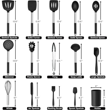 Kitchen Utensils Set, 15 Pcs Silicone Cooking Utensils Set with Holder and Heat Resistant Stainless Steel Handle for Nonstick Cookware - Black2
