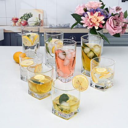 Collins Everyday Drinking Glasses Set of 16 Drinkware Kitchen Glasses for Cocktail, Iced Coffee, Beer, Ice Tea, Wine, Whiskey, Water, 8 Tall Highball Glass Cups & 8 Short Old Fashioned.7