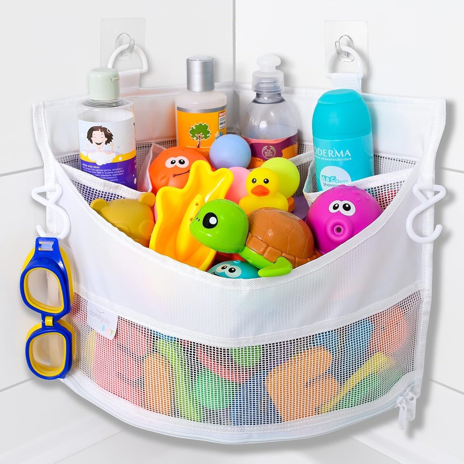 mesh-bath-toy-holder-organizer-the-perfect-corner-bathtub-toy-storage-bathroom-or-shower-caddy-this-multi-use-net-bag-makes-baby-bath-toy-storage-easy-for-kids-toddlers