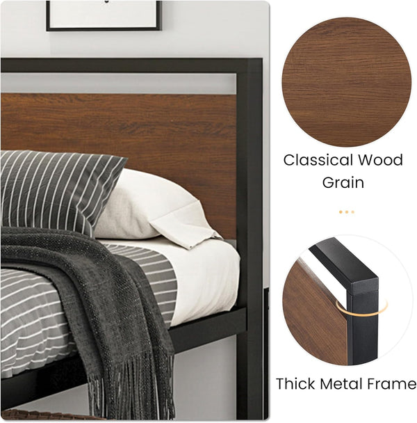 14 Inch Full Size Metal Platform Bed Frame with Wooden Headboard and Footboard, Mattress Foundation, No Box Spring Needed, Large under Bed Storage, Non-Slip without Noise, Walnut5