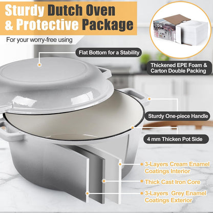 2 in 1 Gray Dutch Oven Pot with Lid for Bread Baking, 5Qt | Cast Iron Bread Dutch Oven, Skillet & Pot for Roasting Braising Stewing Frying Simmering, Multi Stoves & Oven Safe3