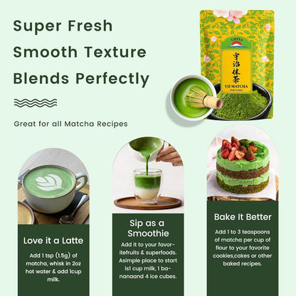 Ceremonial Grade Uji Matcha Powder - Stone-Ground from Kyoto Japan, Umami-Rich for Tea Ceremony Vibrant Green (1.06Oz/30G) Zero Sugar Vegan 0 Calories3