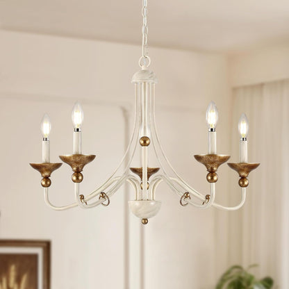 27.1" French Country Chandeliers for Dining Room, 5-Light Farmhouse Candle Chandelier, Rustic Vintage White&Antique Gold Metal Pendant Light Fixture for Kitchen Island Bedroom Living Room Foyer1