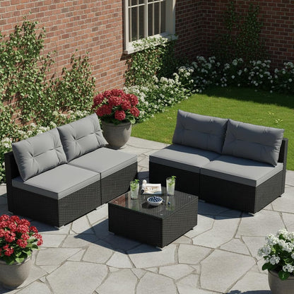 5 Pieces Wicker Patio Furniture Set, Outdoor 4 Armless Rattan Sofa & Coffee Table Set, with Cushions, Acacia Wood Tabletop, Sectional Patio Conversation Set for Lawn, Yard, Poolside, Grey1
