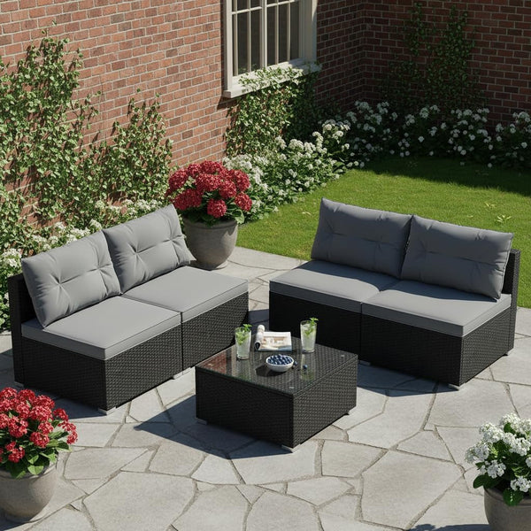 5 Pieces Wicker Patio Furniture Set, Outdoor 4 Armless Rattan Sofa & Coffee Table Set, with Cushions, Acacia Wood Tabletop, Sectional Patio Conversation Set for Lawn, Yard, Poolside, Grey1