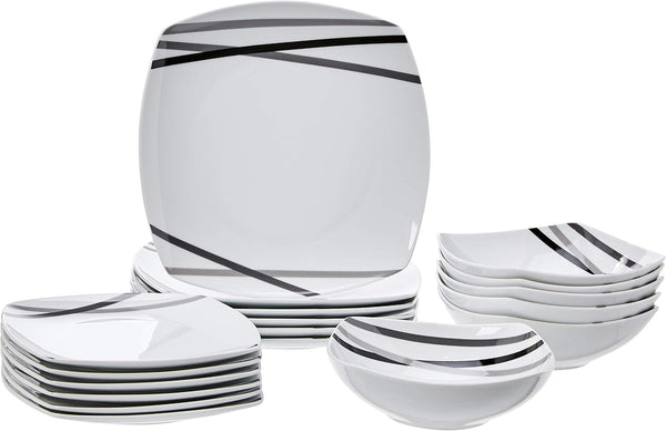 Square Dinnerware Set for 6, Plates and Bowls for Kitchen, 18-Piece, Dishwasher and Microwave Safe, Modern Beams1