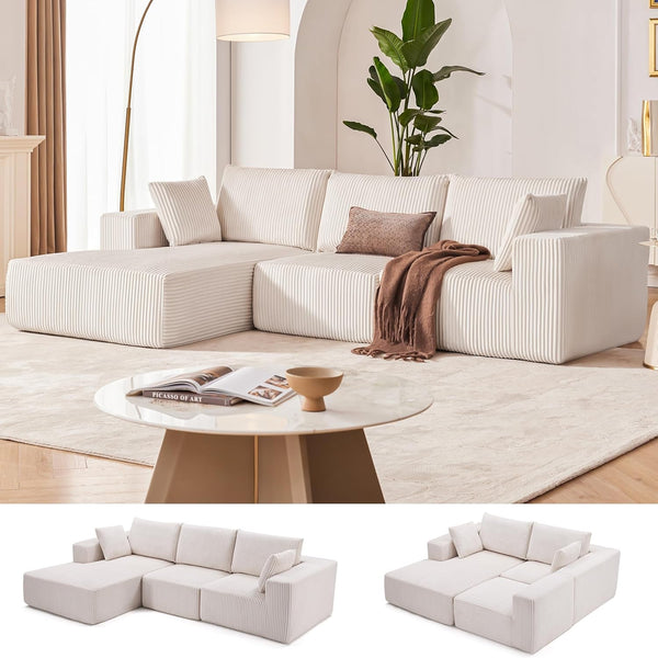 108" Boneless Couch with Chaise, Cloud Sectional Modular Sofa, Beige1