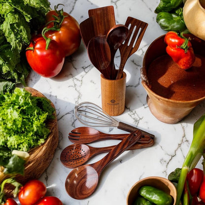 10-Piece Wooden Cooking Utensils – Premium Teak Wood Cooking Set Natural Wood Spoons & Spatulas for Nonstick Cookware – Heat Resistant Kitchen Tools Set, Eco-Friendly Kitchen Tools4