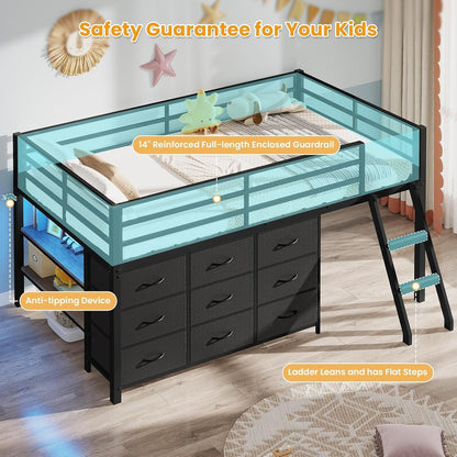 Low Loft Bed Twin Size with 9 Storage Drawers, LED Lights Loft Bed6