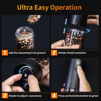 2Pack Electric Salt and Pepper Grinder Set USB Rechargeable with Warm LED Light, Adjustable Coarseness  Large Capacity Automatic Salt Pepper Mill Shakers for Kitchen, Restaurant, Outdoor, Black7