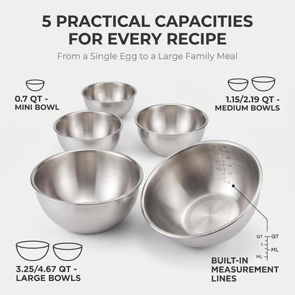 5 Pcs Stainless Steel Mixing Bowls,Dishwasher Safe,Food Grade 304,Silver,Salad Prep & Cooking3