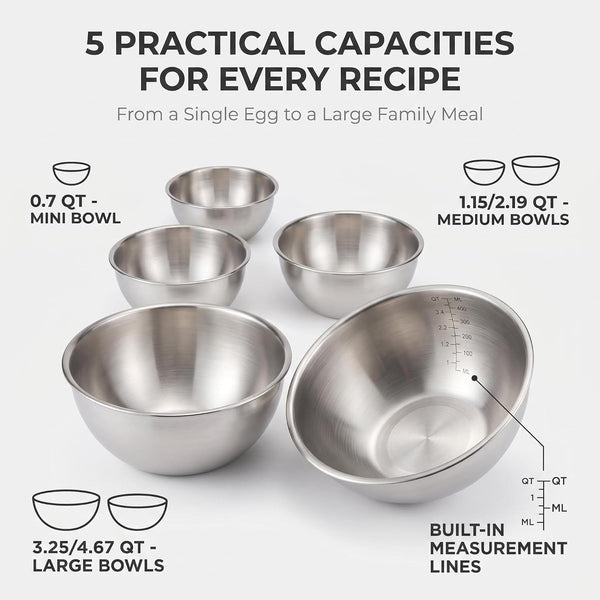 5 Pcs Stainless Steel Mixing Bowls,Dishwasher Safe,Food Grade 304,Silver,Salad Prep & Cooking3