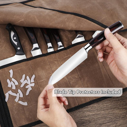 Knife Roll with Leather Straps and Metal Buckles, Double Layer Waxed Canvas Knife Bag, Large Chef Knife Bag with Handle and Shoulder Strap6