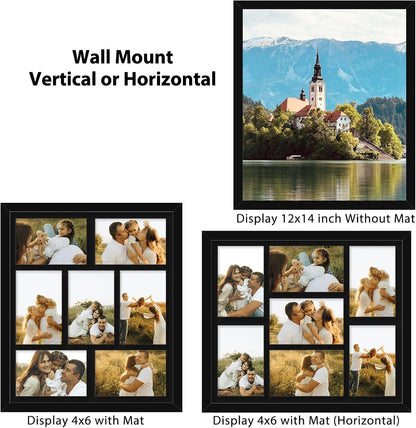 4X6 Picture Frame Collage for Wall, Display 7 Pcs 4X6 Photos with Mat or 12X14 without Mat, 7 Opening Photo Frame for 4 X 6 Pictures with Shatter Resistant Plexiglass, Black Mat, Black8