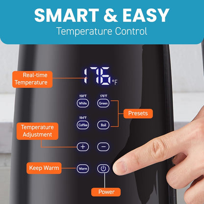 1.7L Dual-Wall Cool-Touch Tea Kettle, Touchscreen, Black | Borosilicate Glass, 304 Stainless Steel Interior, Programmed Digital Keep Warm, Auto off & Audible Indicator6