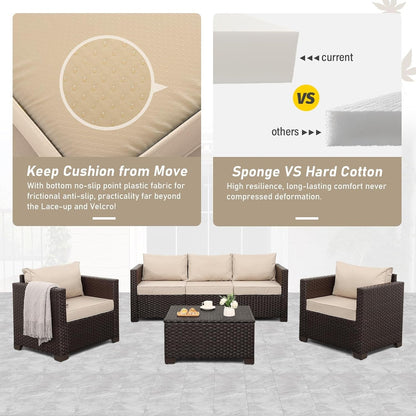 6 Pieces Patio Outdoor Furniture Outdoor Conversation Sets Wicker Sofa Set with Outdoor Couch Patio Chairs Storage Coffee Table Khaki Cushions Waterproof Covers6