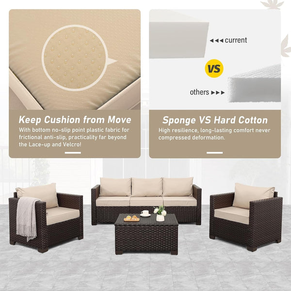 6 Pieces Patio Outdoor Furniture Outdoor Conversation Sets Wicker Sofa Set with Outdoor Couch Patio Chairs Storage Coffee Table Khaki Cushions Waterproof Covers6