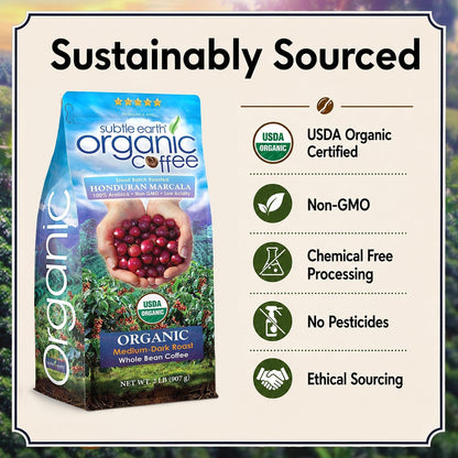 2LB Subtle Earth Organic Coffee - Medium-Dark Roast - Whole Bean Coffee - 100% Arabica Beans - Low Acidity and Non-Gmo - 2Lb Bag4