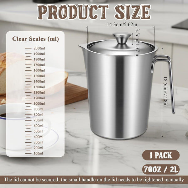304 Stainless Steel Pitcher with Lid, 70 Oz / 2L Measuring Cup2