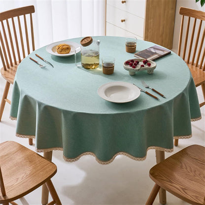 Linen Textured round Tablecloth with Lace Trim - Waterproof Spill Proof Table Cover for Kitchen Dining Tabletop Decoration, Green, round - 48 Inch2
