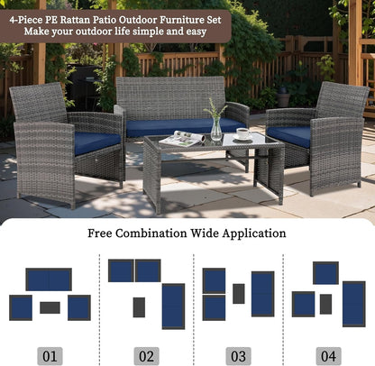 4 Piece Patio Ratten Set Outdoor Furniture Set Wicker Conversation Set with Cushions and Tempered Glass Tabletop,Deep Blue2