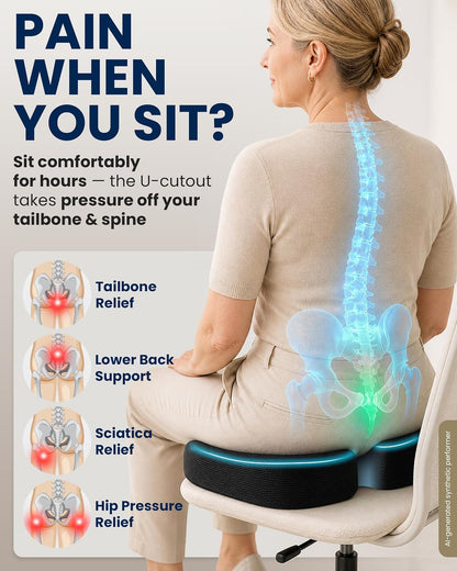 Seat Cushion - Memory Foam Chair Cushion for Tailbone Pain Relief - Ergonomic Support for Coccyx, Sciatica & Butt - Office, Desk & Gaming Chair, Car Seat, Wheelchair, Airplane, Black2