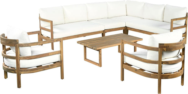 Outdoor Acacia Wood 7 Seater Sectional Sofa Set with Thick Cushions Patio Conversation Set Modular Outdoor Seating with Coffee Table and Club Chairs for Patio Garden Deck8