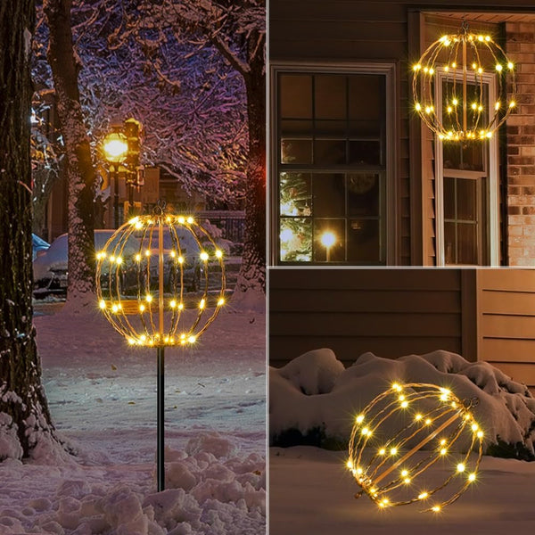 10IN 48LED Light Ball Yard Decoration Pathway Lights Sphere Light with Fold Flat Metal Frame Indoor Outdoor Waterproof Garden Lights, Brown Frame / Warm White Lights, 101
