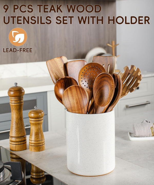 Wooden Cooking Utensils Set with Ceramic Holder,Teak Wood Utensils 10Pcs2