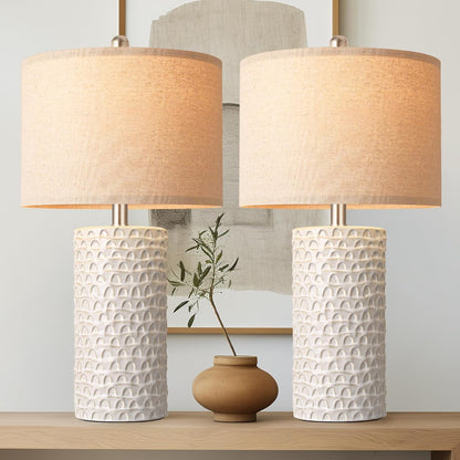23" Modern Ceramic Table Lamp Set of 2, Table Lamps for Living Room, Rustic Farmhouse Bedside Lamps Nightstand Lamp for Bedroom, White Desk Lamp for End Table Home Decor Beige1