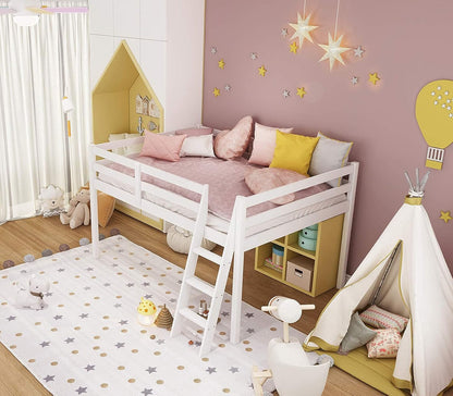 Junior Low Loft Bed with Stairs, White Wood Loft Bed Full Size for Adults, Kids and Young Teens, No Box Spring Required,Wood Slat Support5