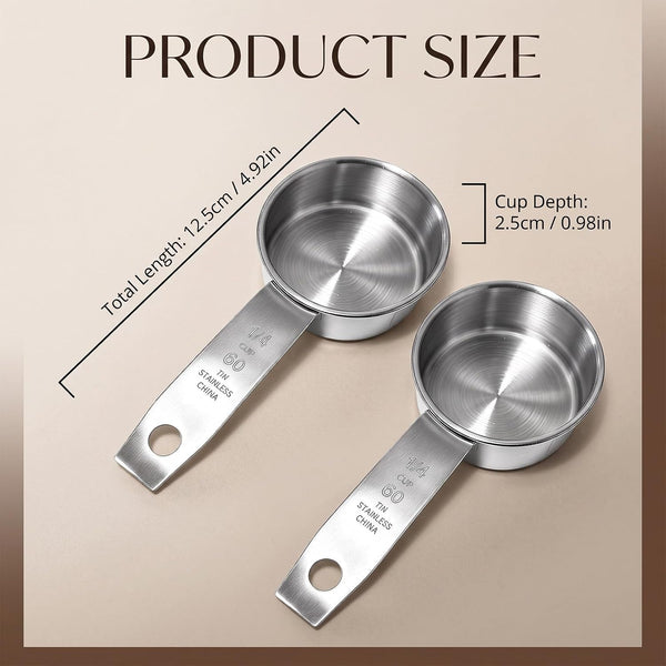 2 Pcs 1/4 Cup Stainless Steel Measuring Cups, 60Ml/2Oz, Metal Coffee Scoop, Cat Dog Food Scoops for Wet Dry Ingredients, Cooking Baking Feeding, Durable Dishwasher Safe2