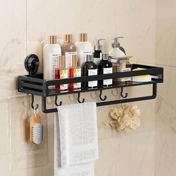 Suction Cup Shower Caddy with 5 Hooks & Towel Rrack 11.8Inch Black1
