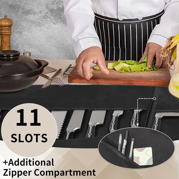 Upgraded Chef Knife Roll Bag, Waterproof Waxed Canvas Knife Case Holds Size up to 18'', Portable Knife Holder with 11 Slots for Knives with Adjustable Strap, Gift for Beginner or Pro3