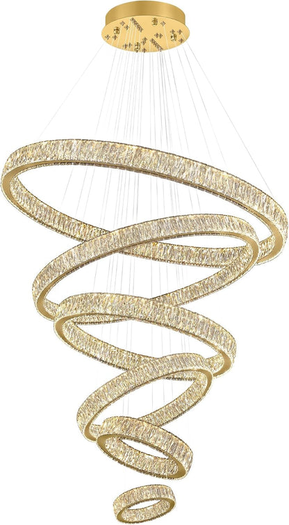 Extra Large Ring Chandelier Modern LED Gold 6 Ring Chandelier for High Ceiling Long Stair Crystal Chandeliers D8+15.7"+23.6"+31.5"+39.4"+47.5"9
