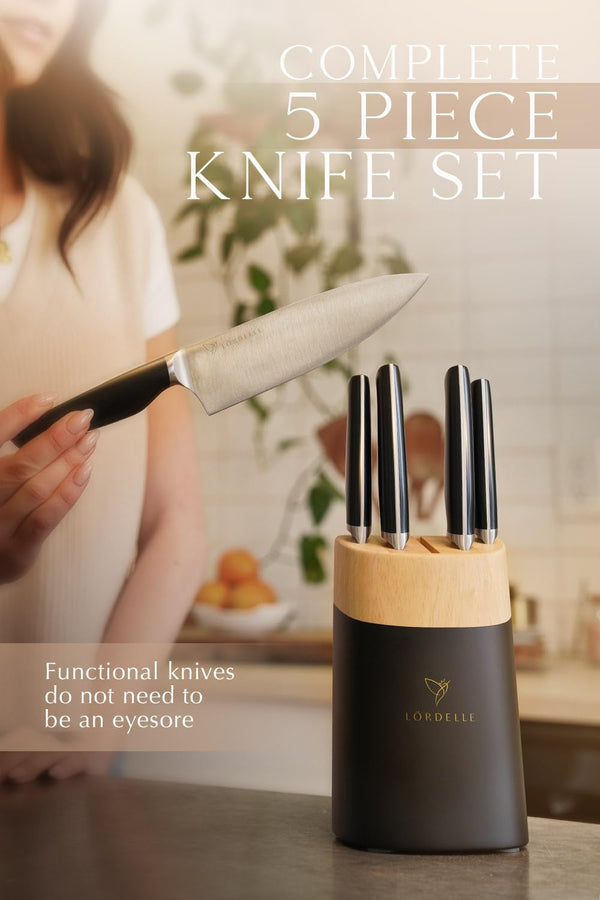 LORDELLE Knife Block Set - 5 Piece Set - Black Vintage Ink - Lifestyle Home Kitchen Design - German X50 Stainless Steel - ABS Handle - Ash Wood Block - Cooking Chef Knife, Santoku, Paring, Utility2