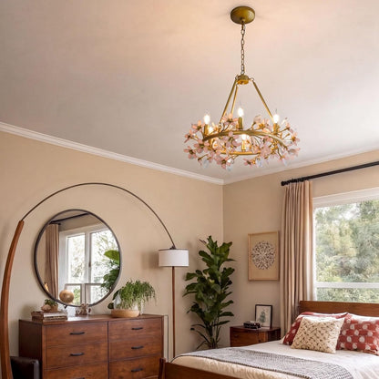 Gold Tree Branch Pink Crystal Chandelier, Grace Flower Chandelier, 6-Light Girl'S Room Chandelier, Hanging Light Fixture Bedroom for Dining Living Room Nursery Kid'S Room Entryway, E12 Bulb Included3