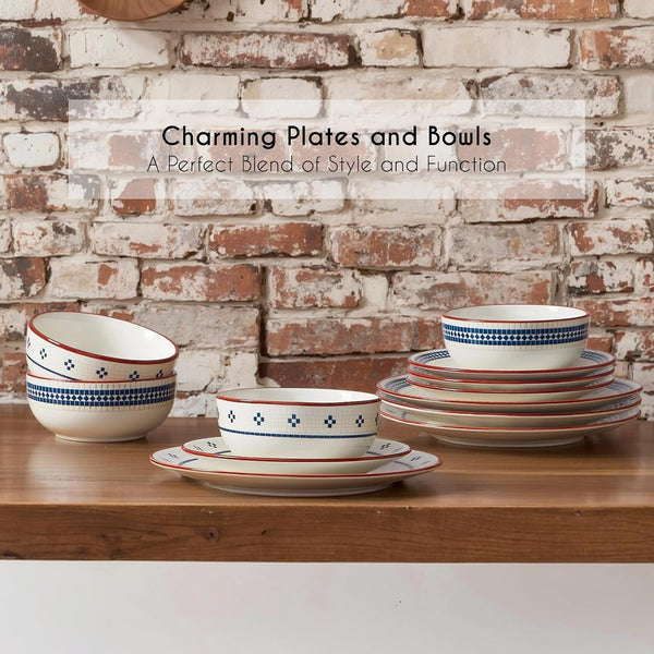 Dinnerware Sets for 8, 24-Piece Stoneware Plates and Bowls Sets for 8 Everyday Dishware Sets for 8, Microwave Safe, Scratch-Resistant, Vintage Geometric Design, Service for 85