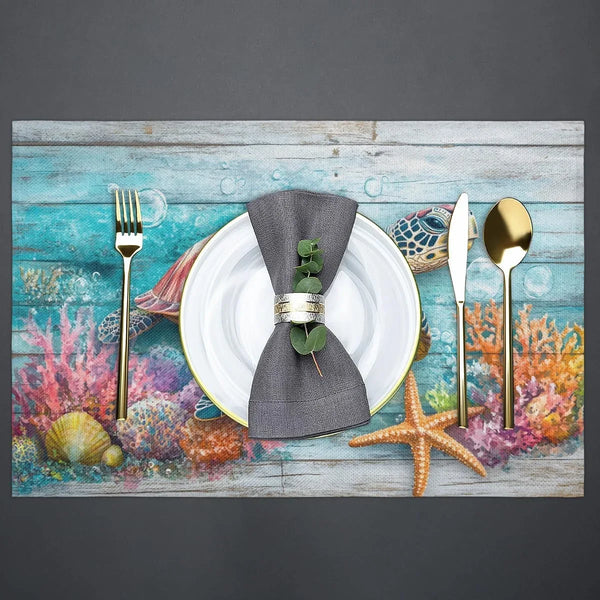 Placemats Set of 6, Ocean Wood Turtle Place Mats, Heat-Resistant Faux Linen Polyester Fabric Placemat, Wipeable Table Place Mats for Farmhouse Kitchen Dining Table 12X18 In4