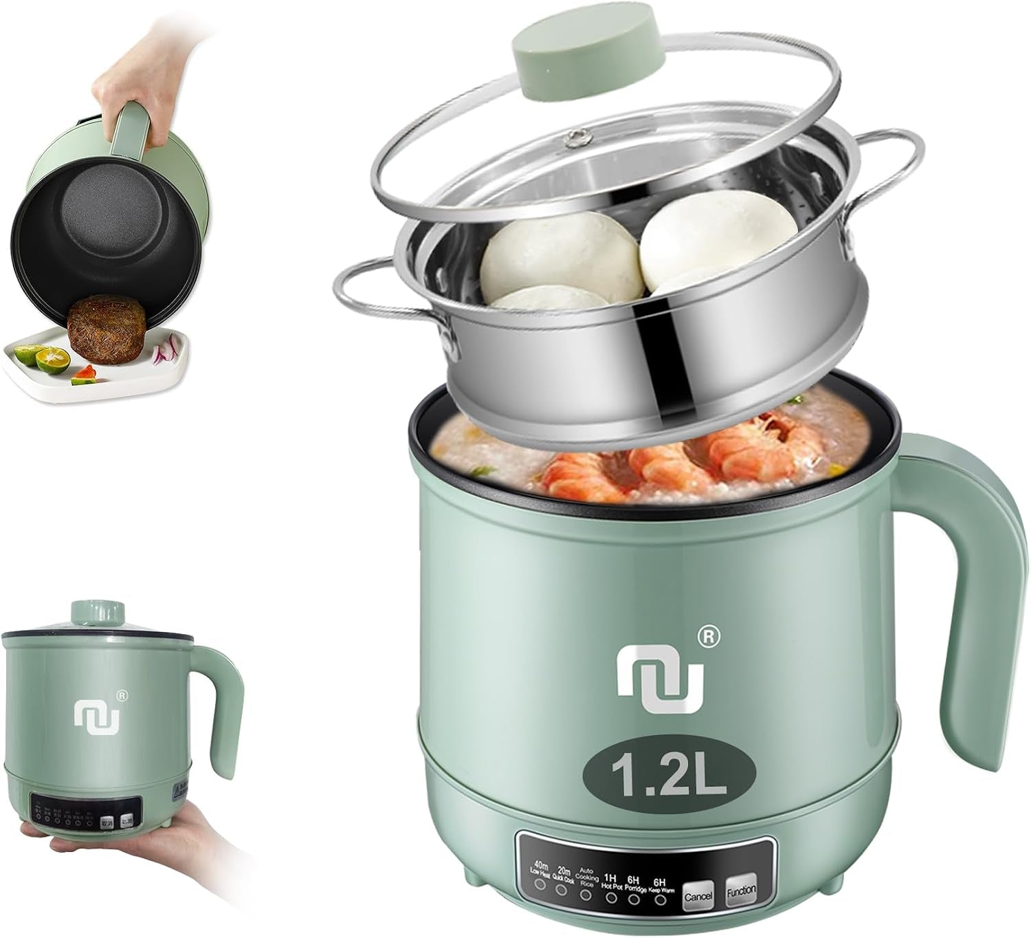 smart-mini-hot-pot-with-timer-and-automatic-shut-off-1-2l-non-stick-rapid-noodle-cooker-w-stainless-steel-steamer-basket-600w-quick-cook-5-cooking-modes-for-soup-rice-1cup-porridge-pasta-great-for-1-2-persons-green