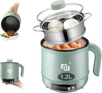 Smart Mini Hot Pot with Timer and Automatic Shut off 1.2L Non-Stick Rapid Noodle Cooker W Stainless Steel Steamer Basket 600W Quick Cook 5 Cooking Modes for Soup, Rice (1Cup) , Porridge, Pasta Great for 1-2 Persons (Green)1