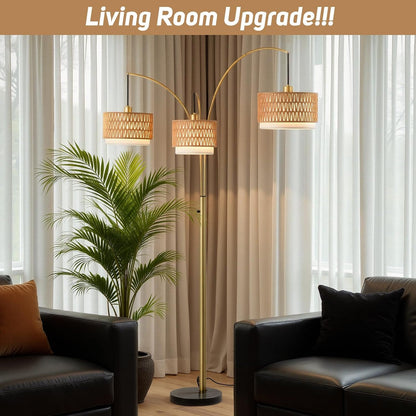 80'' Gold Rattan Arc Floor Lamp for Living Room, 3-Light Boho Tree Lamp | Heavy Natural Marble Base, 1/2/3-Light Rotary Switch,Double-Layer Wicker/Fabric Shades for Reading Corners,8 Ft+ Ceilings9