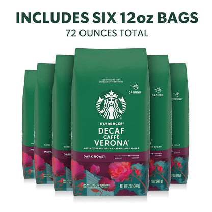 Starbucks Ground Coffee, Dark Roast Hot or Iced Coffee, Decaf Caffè Verona, Six 12 Oz Bags​ | 100% Arabica Decaf Ground Coffee; Dark Roast Decaf Caffè Verona; 6 Bags, 12 Oz Each (72 Oz Total)2