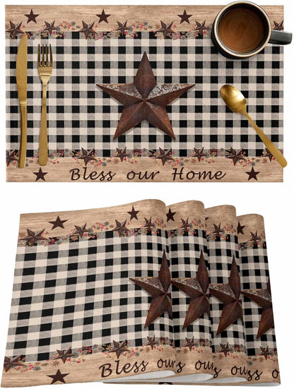Placemats for Dining Table Set of 4 Western Texas Star and Primitive Berries Country Wooden Plank Table Mats for Home Kitchen Restaurant Independence Day Party Decoration,Washable1