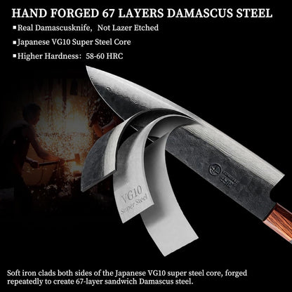 Japanese Chef Kitchen Knife, 8 Inch Black Gyuto, Hand Forged 67 Layers Damascus Steel VG10 Core, Ultra Sharp, Rosewood & Ebony Handle, Leather Sheath,A Thoughtful Father Day Gifts for Men5