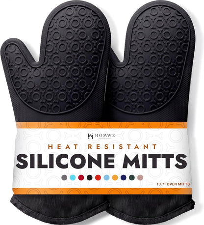 Bpa-Free Silicone Oven Mitts Ultra Heat Resistant up to 500°F - Oven Mitts with Thick Cotton Liner - Long Slip Resistant Pot Holders, Flexible Oven Gloves - Black 13.7"1
