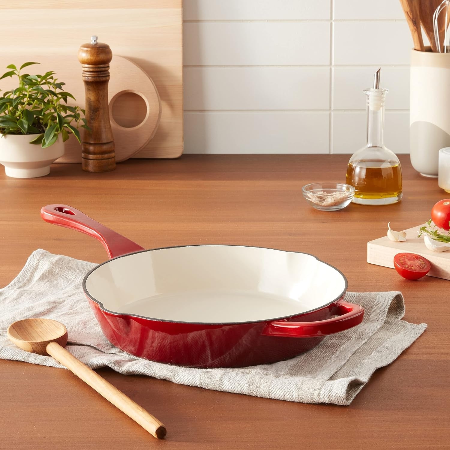 crock-pot-10-inch-enameled-cast-iron-skillet-with-handles-ideal-for-searing-roasting-frying-even-heat-distribution-pour-spouts-oven-safe-stovetop-safe-red