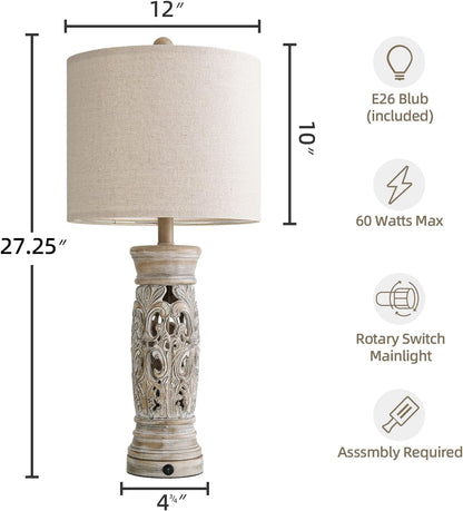 27.25”Farmhouse Table Lamps Set of 2 with Night Light, Rustic Bedside Lamp6