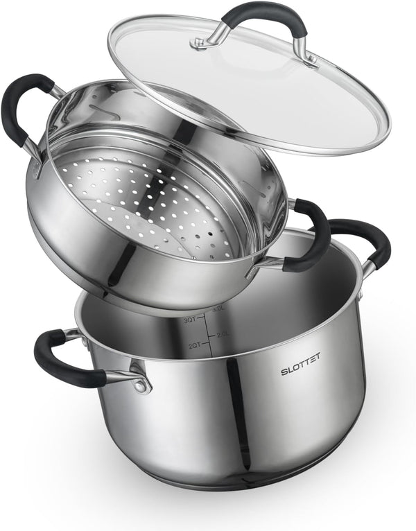 6 Quart Stainless Steel Stock Pot with Steamer,6 Qt Multipurpose Stockpot with Stay-Cool Silicone Handle and Glass Lid,Soup Pot for Cooking1